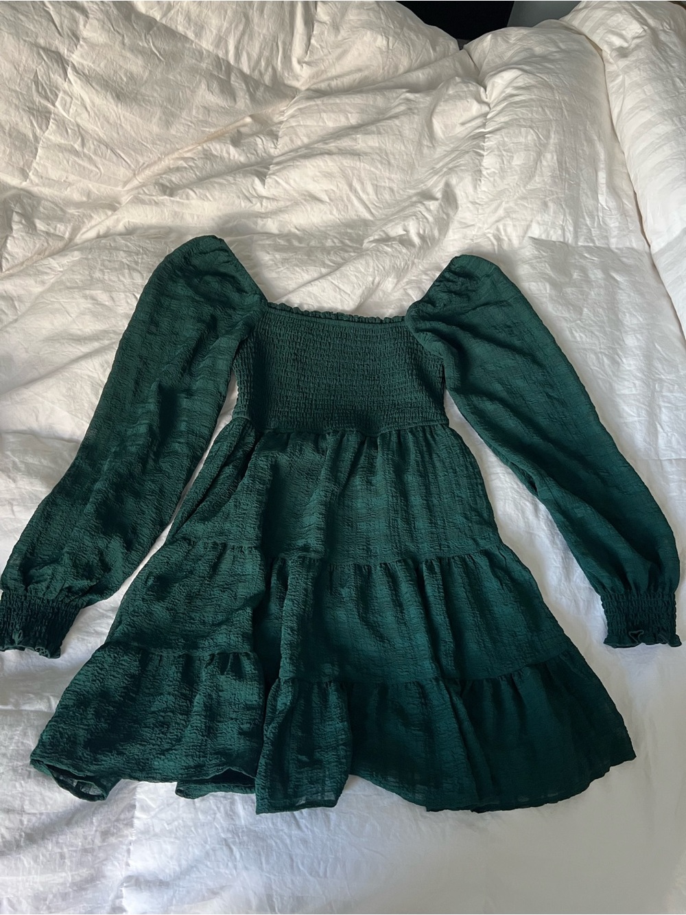 For Love And Lemons Dark Green Tiered Long-Sleeve Girls Dress